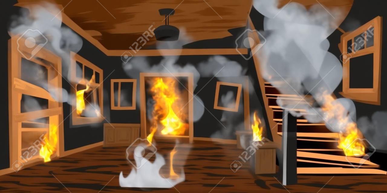 Oude verlaten huis in brand. Vlam en zwarte rook wolken binnen thuis. Vector cartoon interieur van brandende home hal met vuile muren, boordevol deur, vuilnis, gebroken houten trap en vloer