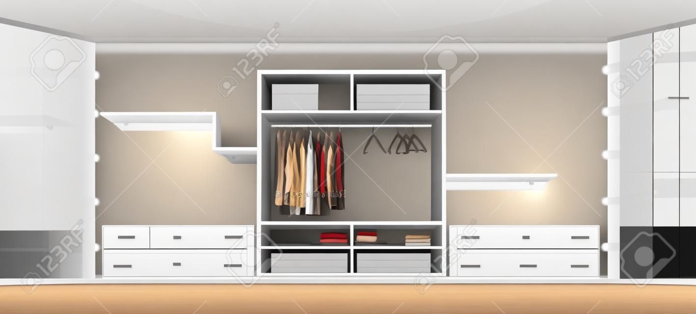 Modern walk in closet with wardrobe shelves for clothes and shoes, hangers for dresses and big mirrors with light bulbs. Vector cartoon interior of empty cloakroom for apparel storage and dressing