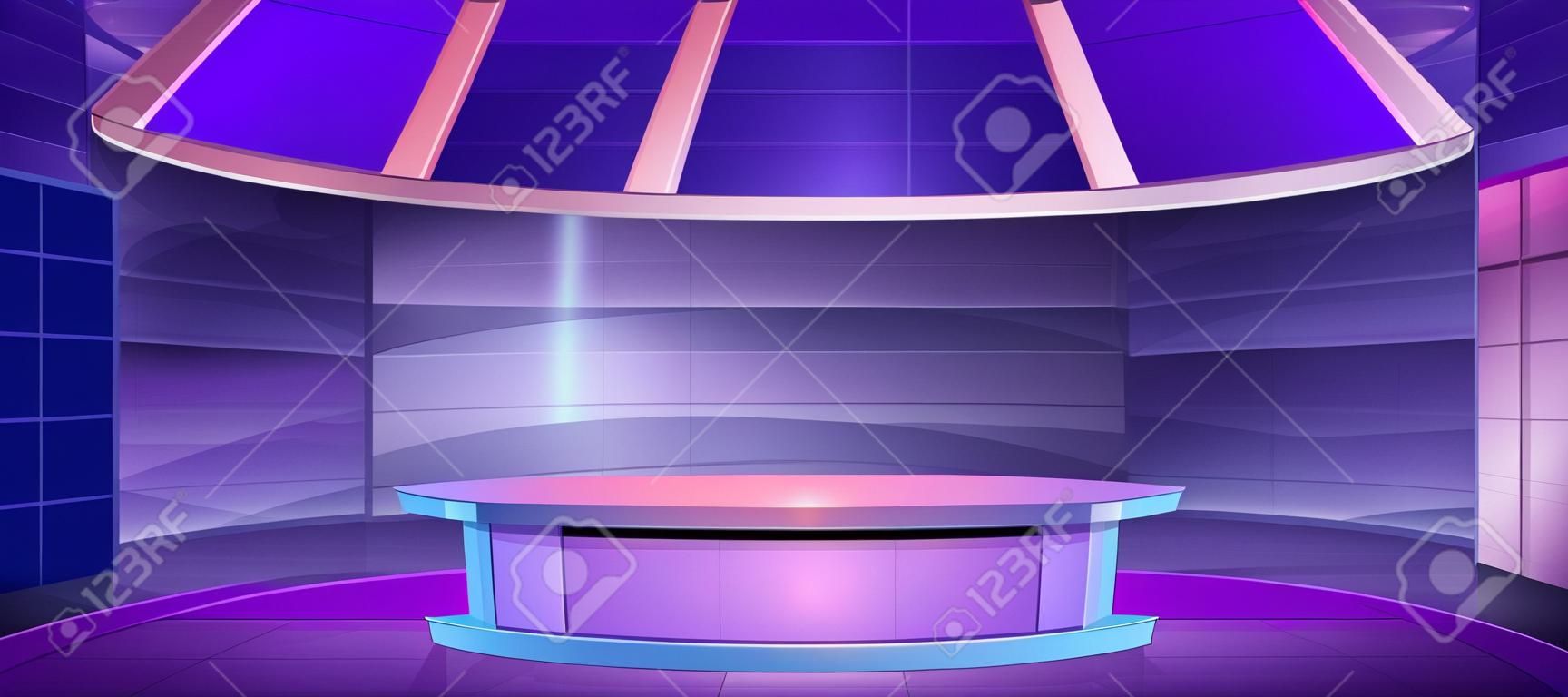 Tv news studio, television broadcast set room with round table and blue screen with world map. Vector cartoon illustration of video channel studio interior with newscaster desk