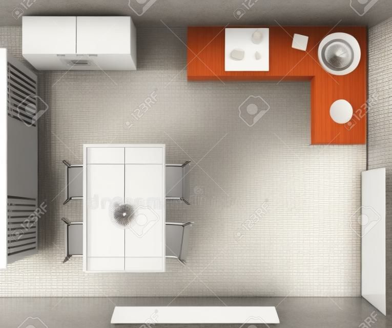 Interno della cucina con piano cottura, tavolo da pranzo e frigorifero in vista dall'alto. Illustrazione vettoriale realistica della stanza di casa vuota con mobili e attrezzature per cucinare, lavello in metallo, bancone in marmo e tv a parete