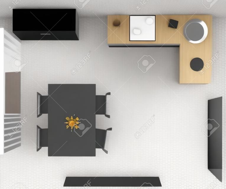 Wnętrze kuchni z kuchenką, stołem jadalnym i lodówką w widoku z góry. wektorowa realistyczna ilustracja pustego pokoju domowego z meblami i sprzętem do gotowania, metalowym zlewem, marmurowym blatem i telewizorem na ścianie