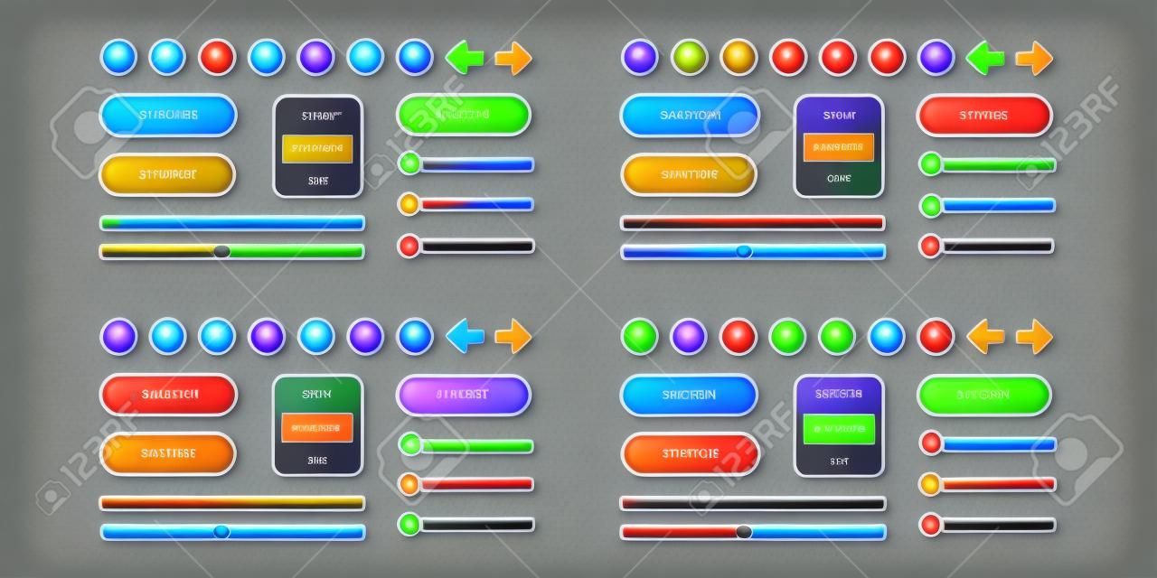 Interface de design do jogo com botões e painéis brilhantes. Conjunto de desenhos animados vetoriais de elementos ui cores diferentes, botões de círculo com ícones, barras, controles deslizantes, setas e quadro de login