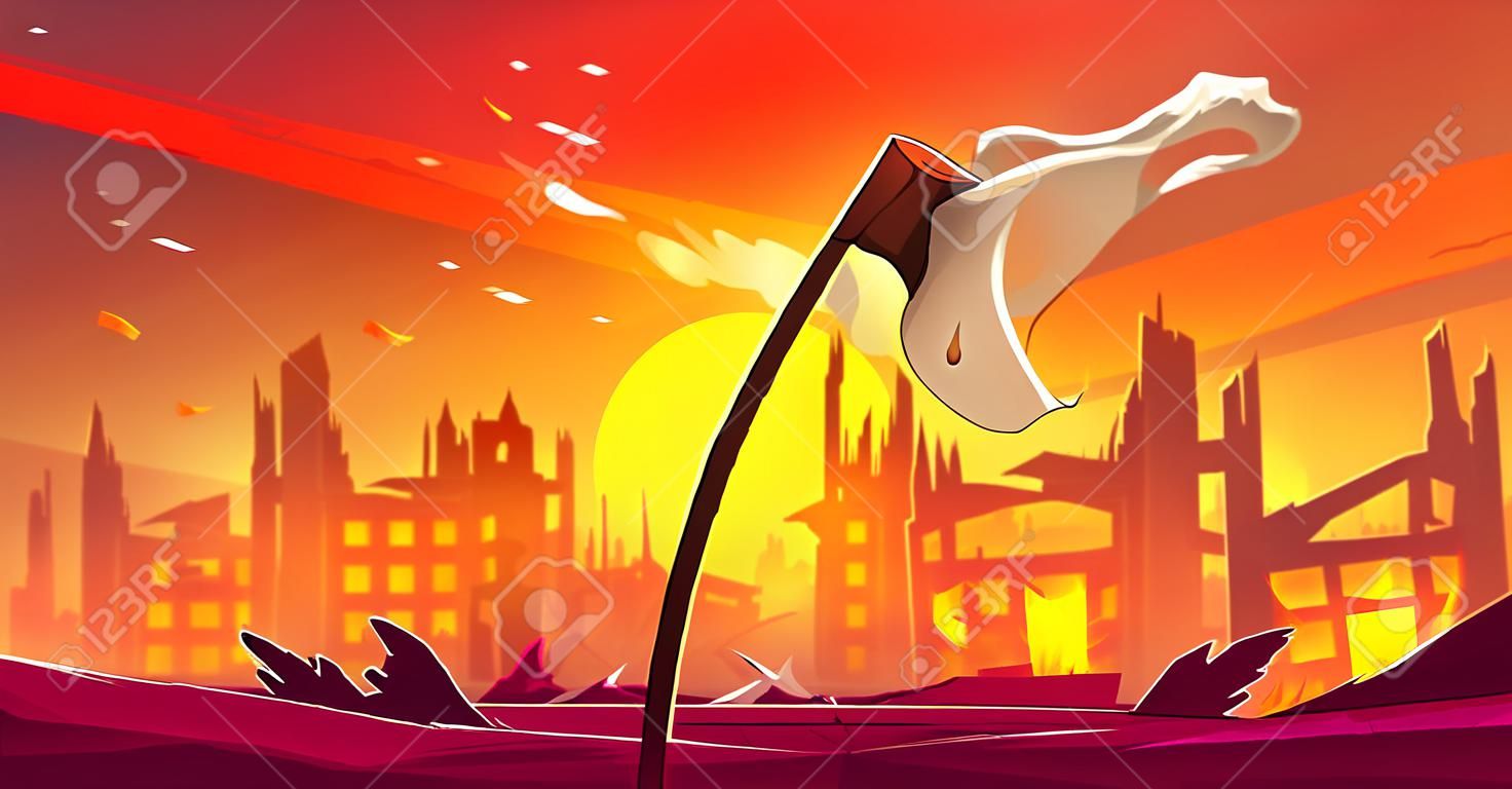 White flag at burning city background with ruins in fire, war destruction, abandoned burning broken buildings with smoke and flame after bombing, creepy apocalyptic scene, Cartoon vector illustration