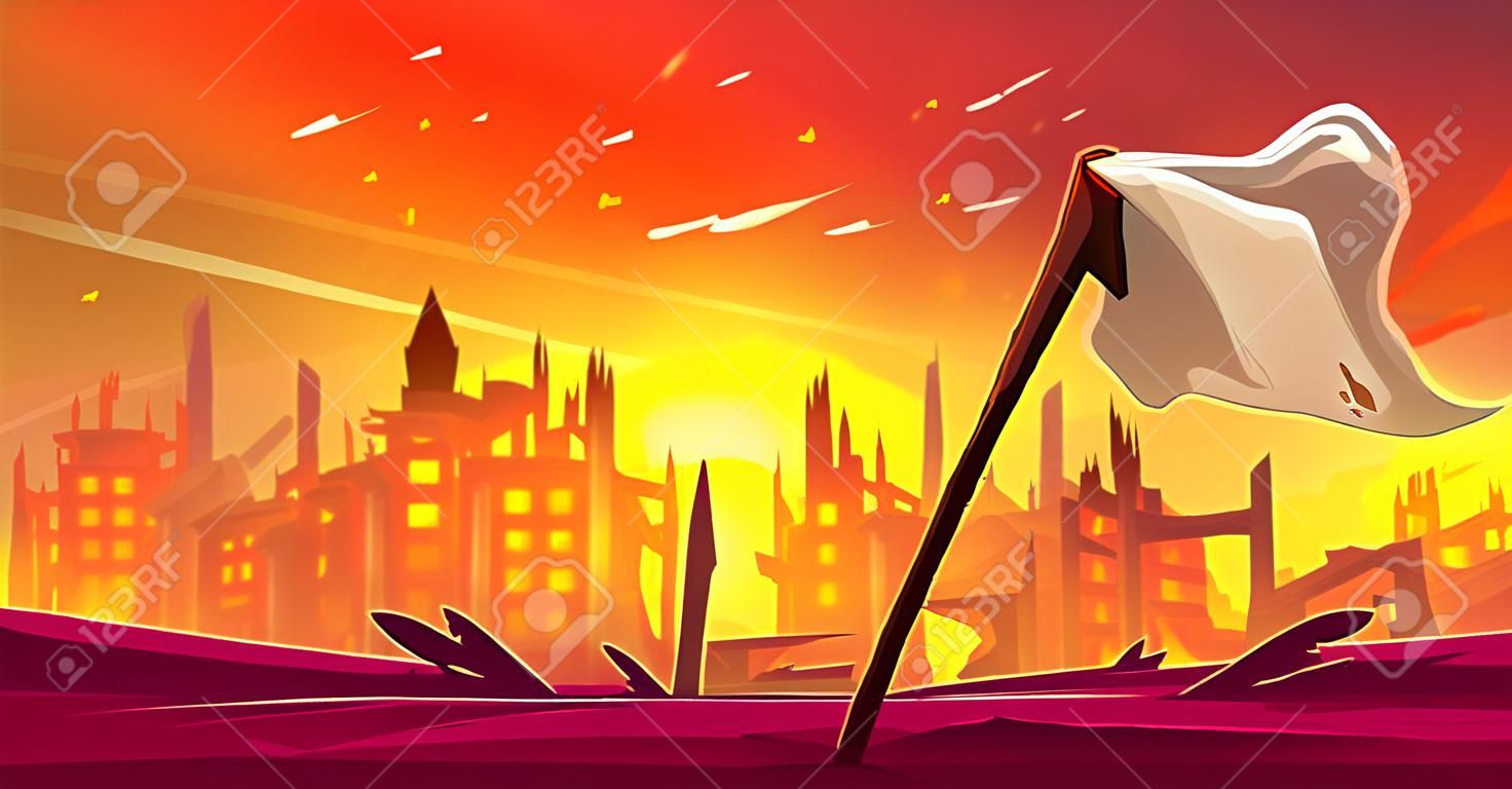 White flag at burning city background with ruins in fire, war destruction, abandoned burning broken buildings with smoke and flame after bombing, creepy apocalyptic scene, Cartoon vector illustration