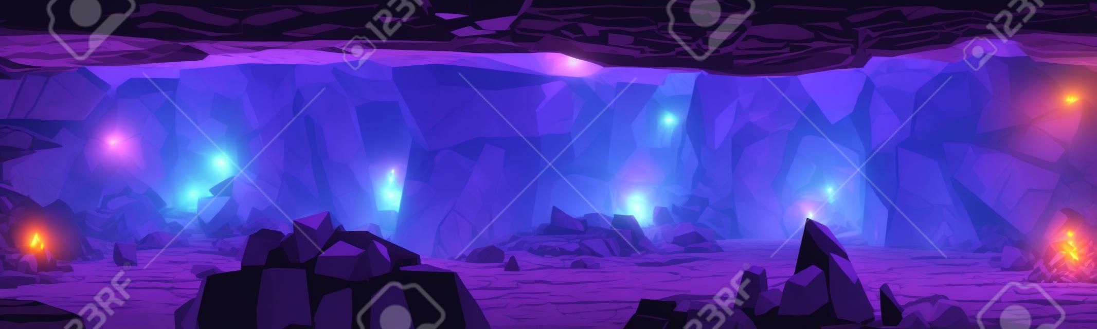 アメジスト鉱山トンネル内図。輝く神秘的な洞窟、岩と石のシャフトの壁に紫色の光沢のあるクリスタルを持つ採石場の風景。漫画ゲームの視差背景、2Dベクターイラスト