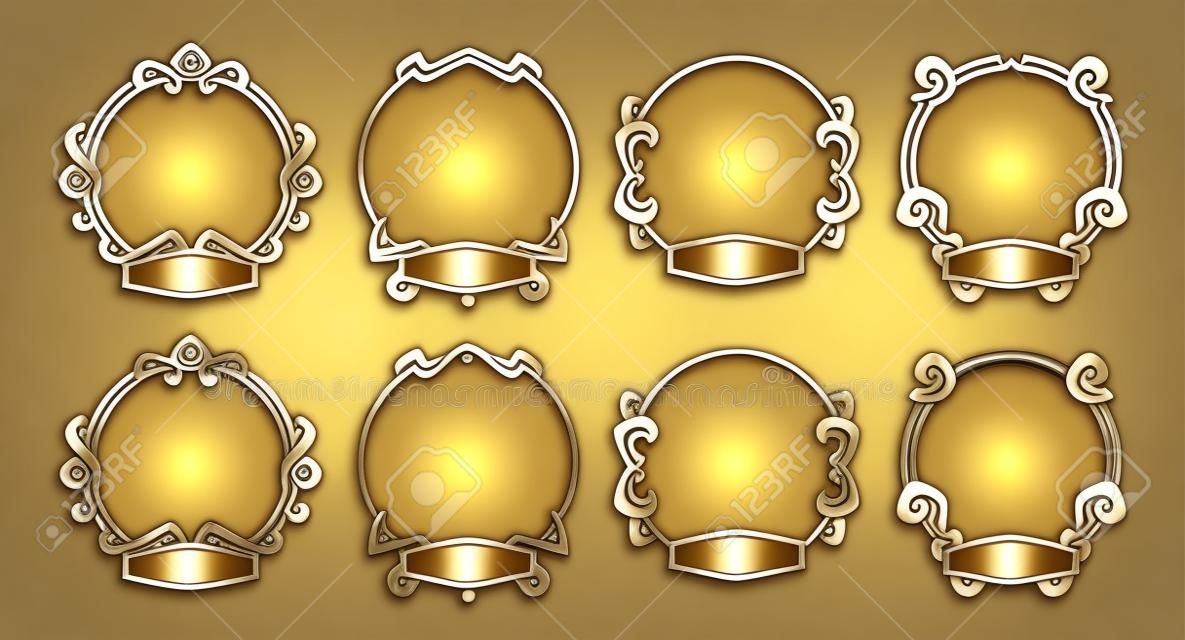 Ui game frames for avatar, gold and silver round borders with ornate rims and name plaques. Isolated cartoon graphic design gui elements for medieval rpg, mmo game or app, Vector illustration, set