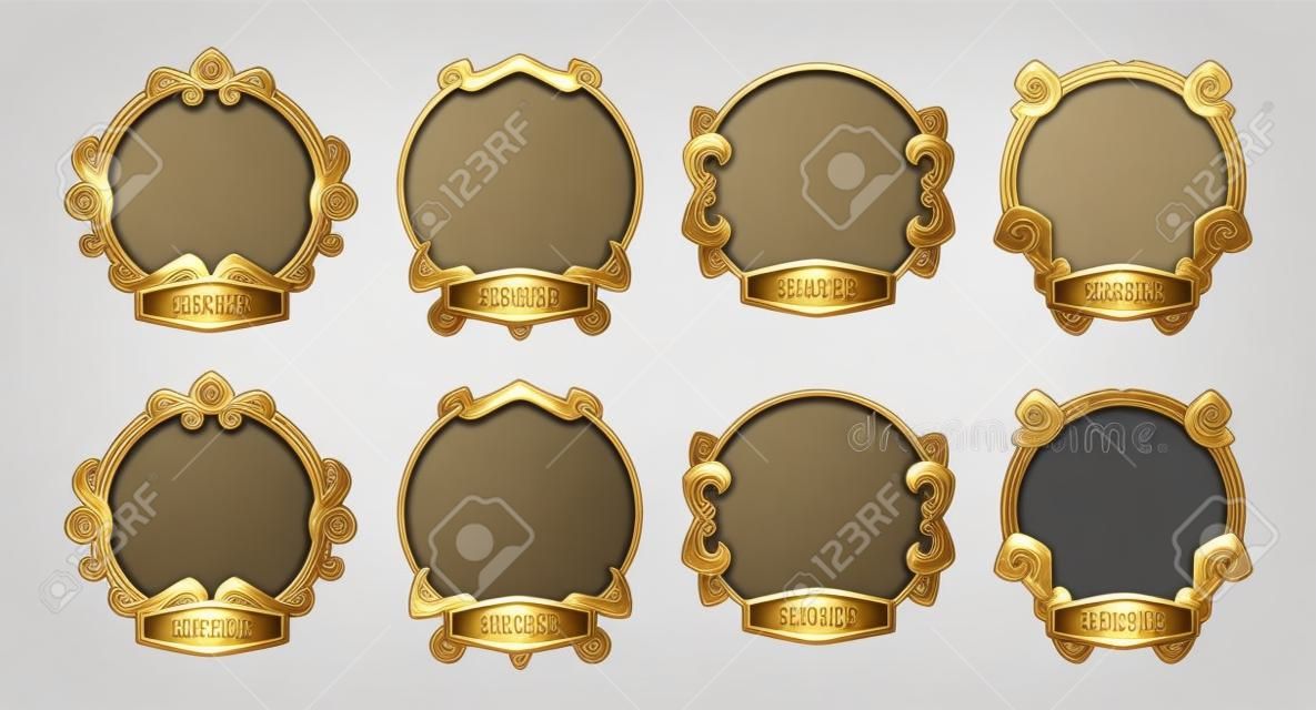 Ui game frames for avatar, gold and silver round borders with ornate rims and name plaques. Isolated cartoon graphic design gui elements for medieval rpg, mmo game or app, Vector illustration, set