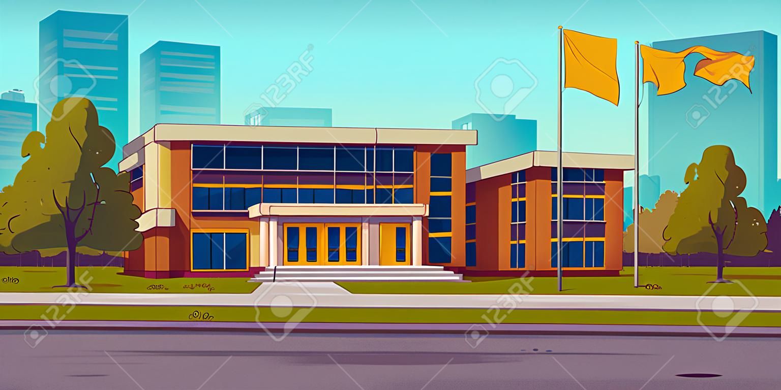 Edificio scolastico moderno nella grande città. fumetto illustrazione vettoriale di istituzione educativa circondata da un territorio pulito con prato verde, alberi ad alto fusto e pennone. cielo blu e sfondo del paesaggio urbano