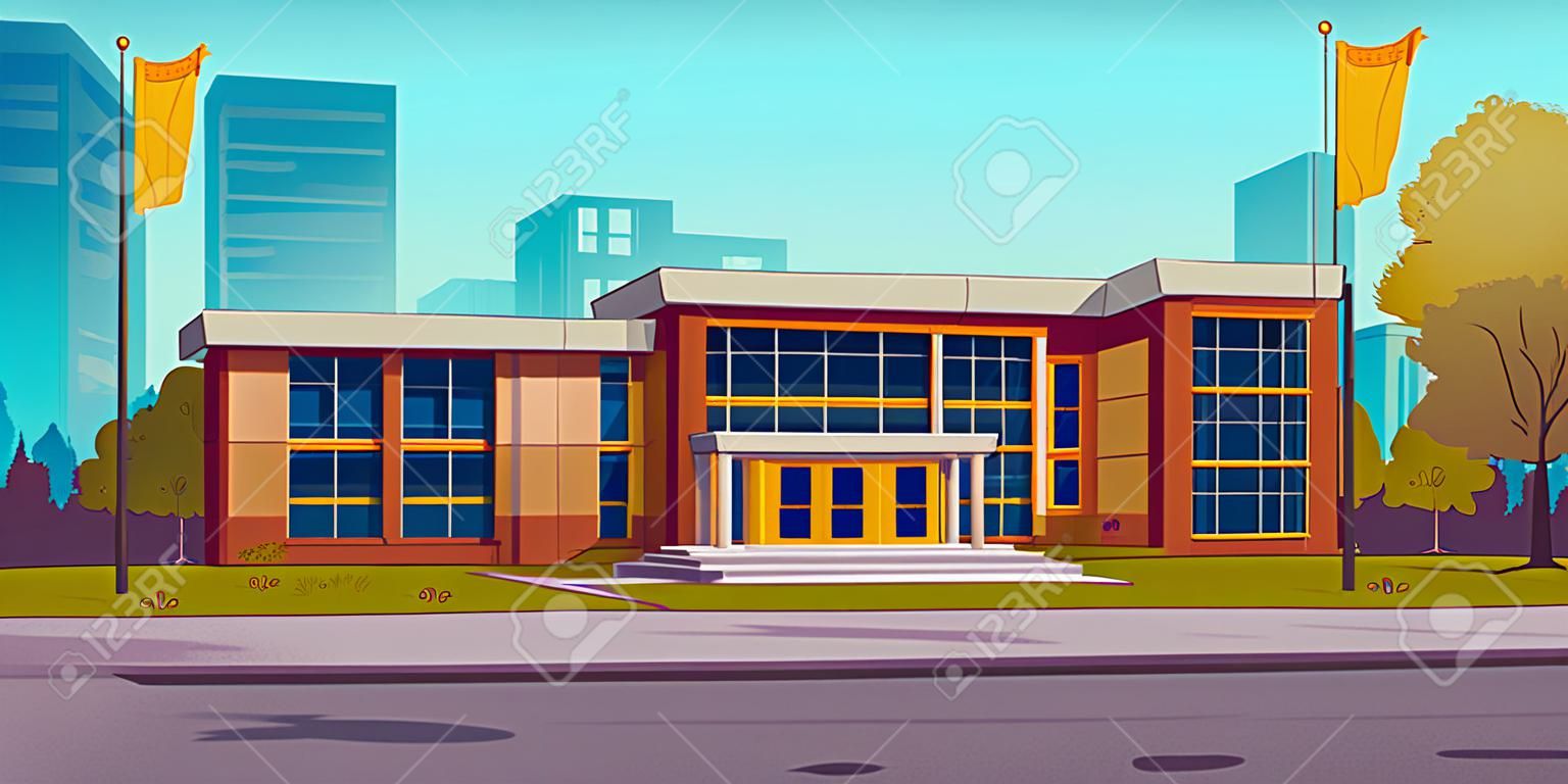 Modernes Schulgebäude in der Großstadt. karikaturvektorillustration der bildungseinrichtung, umgeben von sauberem gebiet mit grünem rasen, hohen bäumen und fahnenmast. blauer himmel und stadtbildhintergrund