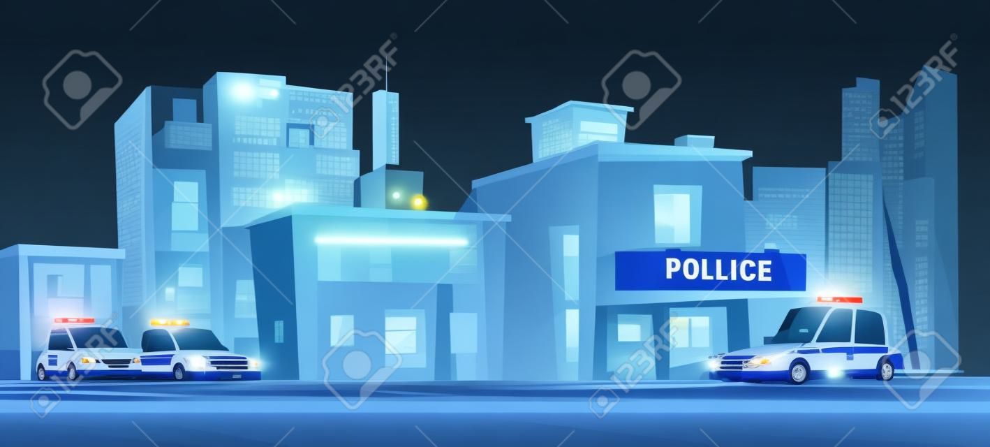 Budynek posterunku policji i samochody patrolowe na parkingu w nocy. ulica miasta z komisariatem, fasadą biura policji i pojazdami policyjnymi, ilustracja kreskówka wektor