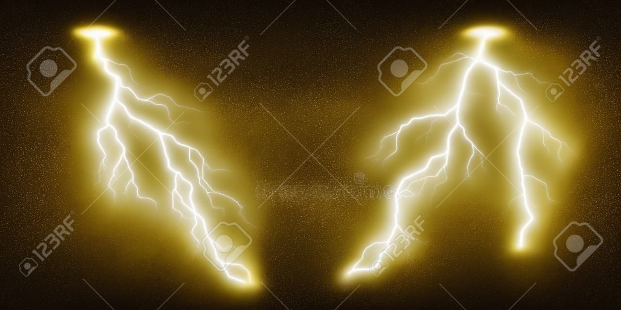Effetto fulmine, temporale, tempesta di fulmini elettrici dorati o gialli. scarica elettrica potente isolata, bullone, impatto, crepa, lampo di energia magica, illustrazione vettoriale 3d realistica
