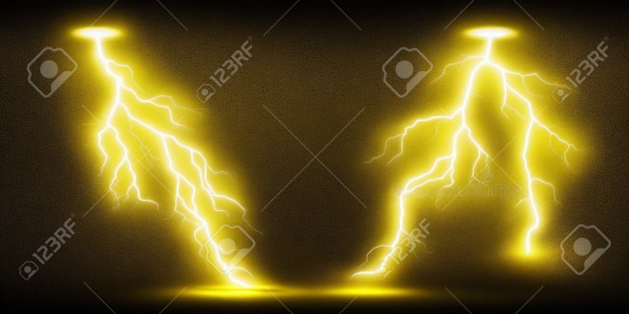 Effetto fulmine, temporale, tempesta di fulmini elettrici dorati o gialli. scarica elettrica potente isolata, bullone, impatto, crepa, lampo di energia magica, illustrazione vettoriale 3d realistica