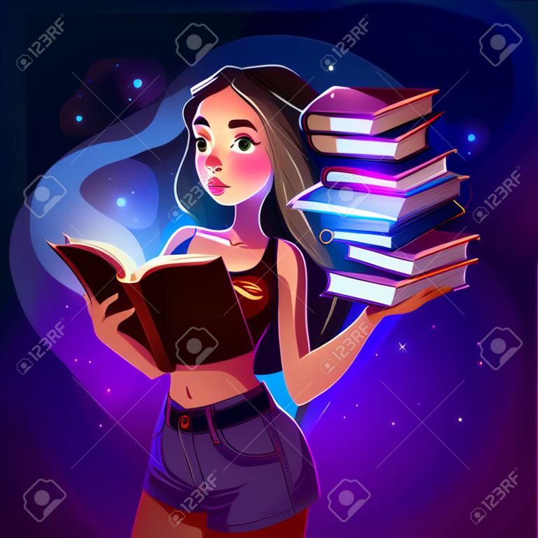 마법의 빛과 방대한 양의 책을 손에 들고 있는 어린 소녀가 책을 읽고 있습니다. 여자는 깊은 몰입으로 동화나 판타지 이야기를 읽습니다. 지식, 교육 개념 만화 벡터 일러스트의 힘