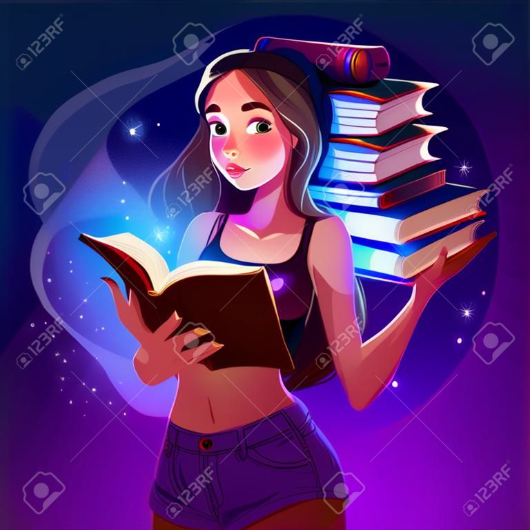 魔法の輝きと手に膨大な量の本を読む若い女の子。女性はおとぎ話やファンタジーの物語を深く没頭して読む。知識、教育コンセプトの力漫画ベクターイラスト