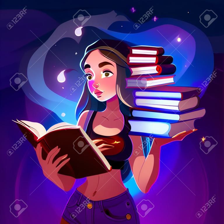 마법의 빛과 방대한 양의 책을 손에 들고 있는 어린 소녀가 책을 읽고 있습니다. 여자는 깊은 몰입으로 동화나 판타지 이야기를 읽습니다. 지식, 교육 개념 만화 벡터 일러스트의 힘