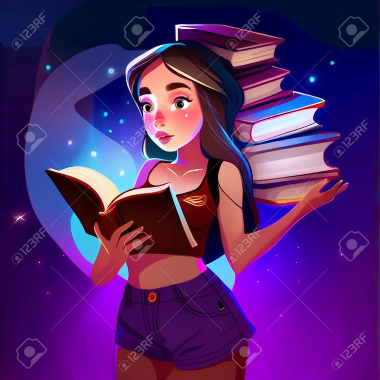 Młoda dziewczyna czyta książkę z magicznym blaskiem i ogromnym stosem tomów w ręku. kobieta czyta bajkę lub historię fantasy z głębokim zanurzeniem. wiedza, moc koncepcji edukacji ilustracja kreskówka wektor