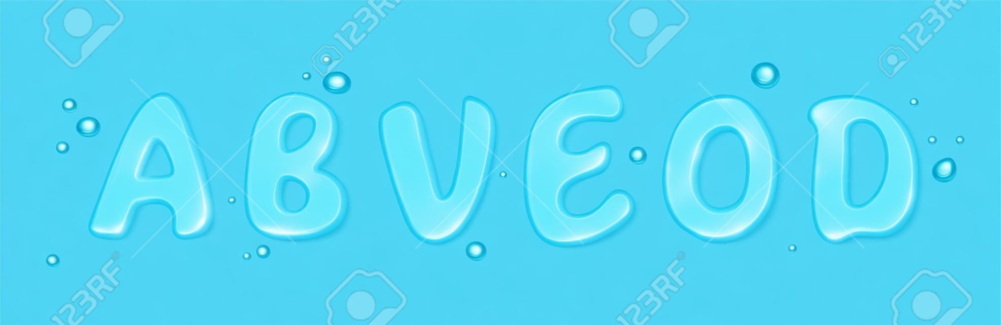 Carattere tipo acqua, set di lettere liquide. schizzi d'acqua puri a forma di caratteri di testo. acqua blu trasparente o gocce di gel a forma di lettere inglesi isolate su sfondo trasparente, set vettoriale realistico