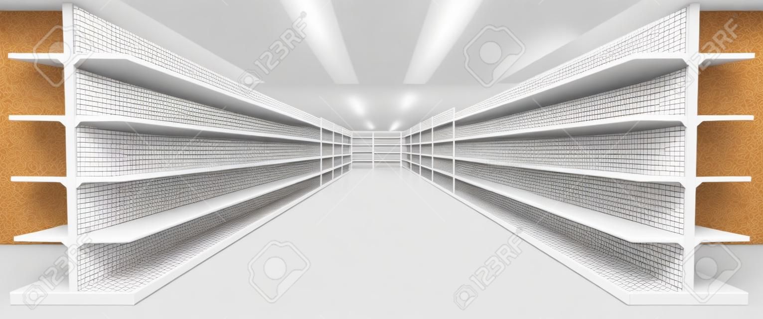 Realistic supermarket interior mockup with white shelves. Vector illustration of empty shop, market or warehouse furniture for goods display. Aisle between rows of retail business showcase stands