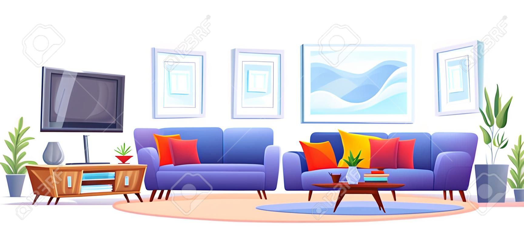 Wnętrze domu z meblami i telewizorem Pokój dzienny z niebieską sofą Telewizor na stojaku Stolik kawowy Dywan Regał Rośliny i zdjęcia na ścianie wektor ilustracja kreskówka izolowana na białym