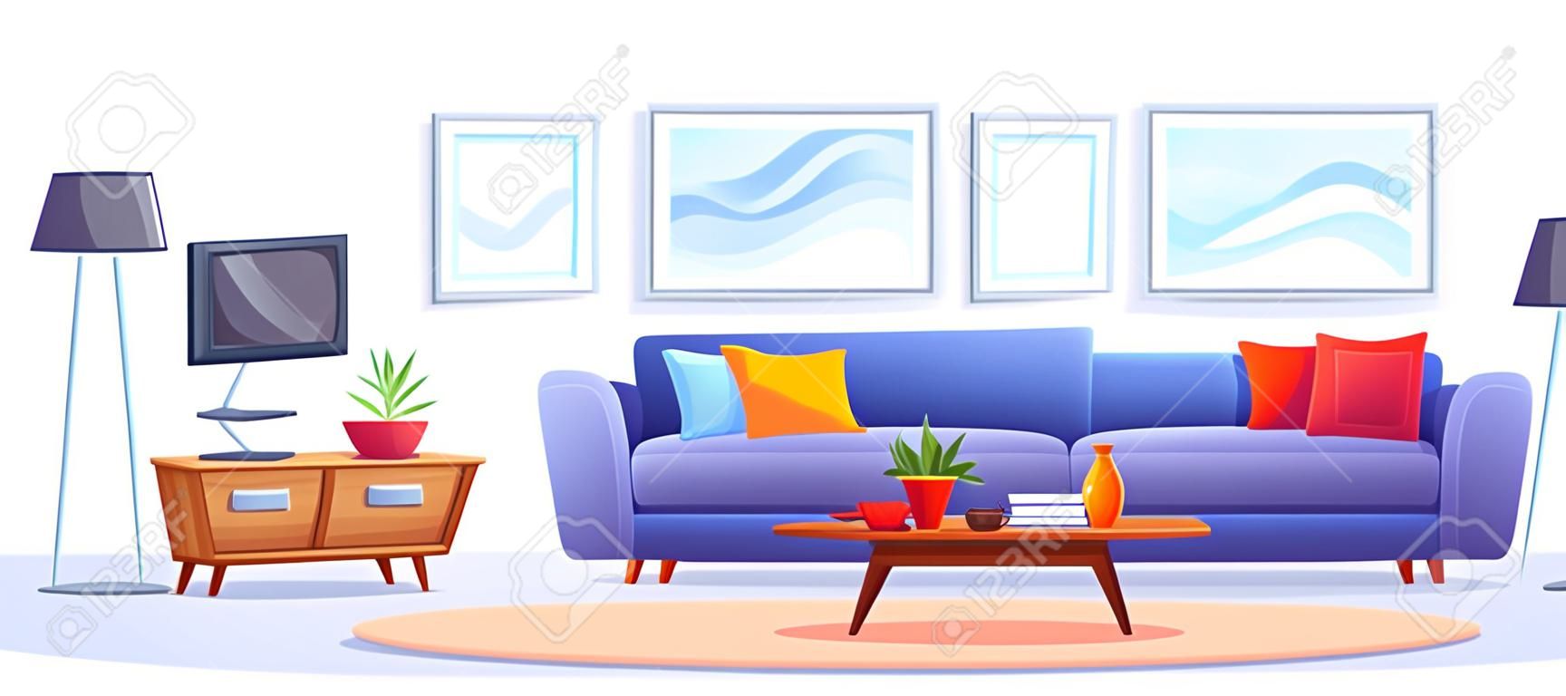 Wnętrze domu z meblami i telewizorem Pokój dzienny z niebieską sofą Telewizor na stojaku Stolik kawowy Dywan Regał Rośliny i zdjęcia na ścianie wektor ilustracja kreskówka izolowana na białym