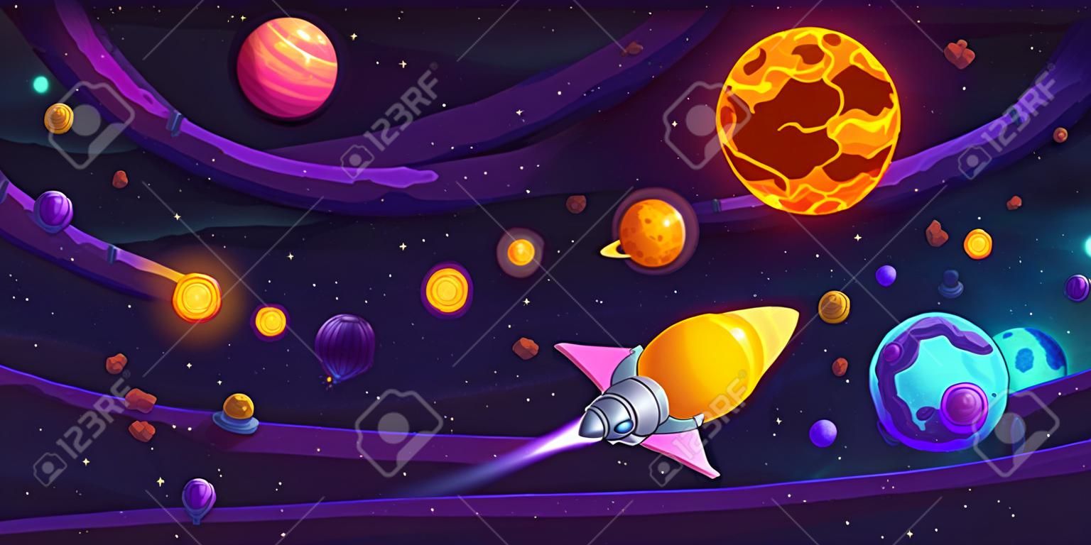 Space Ui Game Level Map With Planet Vector Screen Background. 2d Solar  Alien Spaceship In Fantasy Universe Landscape Arcade Videogame. Mobile App  User Progress Interface Design. Cosmos Adventure Trip Клипарты, SVG,  векторы,