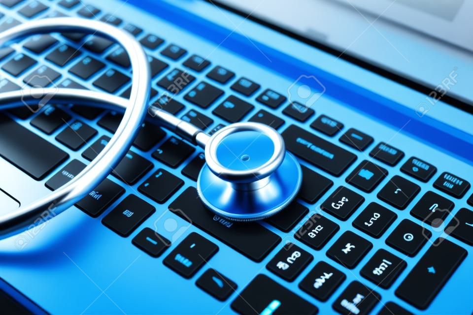 Компьютерная система здравоохранения или аудит - стетоскоп над клавиатурой компьютера, тонированное в синий