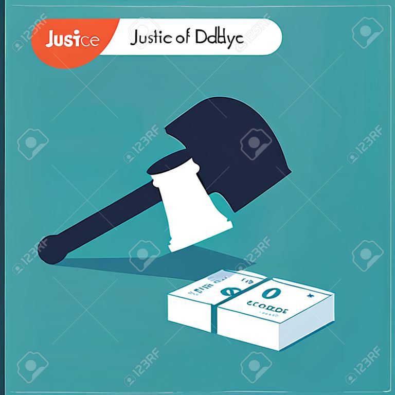 Hammer of justice on a 100 dollar pile. Vector illustration Eps10 file. Global colors. Text and Texture in separate layers.