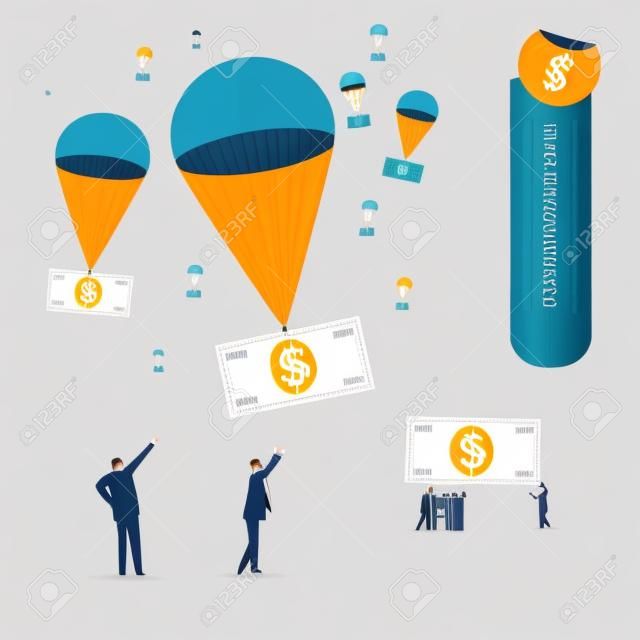 Money falling in parachutes and businessmen waiting for them. Vector illustration. Global colors. Text and Texture in separate layers.