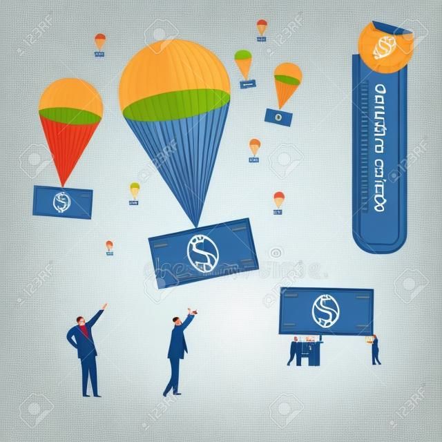 Money falling in parachutes and businessmen waiting for them. Vector illustration. Global colors. Text and Texture in separate layers.