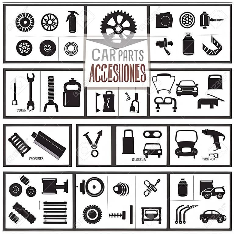 Car parts, tools and accessories. Set of vector icons