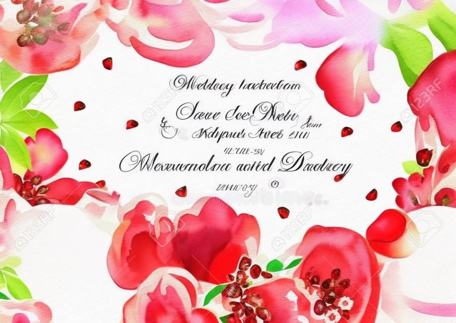 Akvarell esküvői kártya gránátalma és virágok, meghívást. Vektoros illusztráció