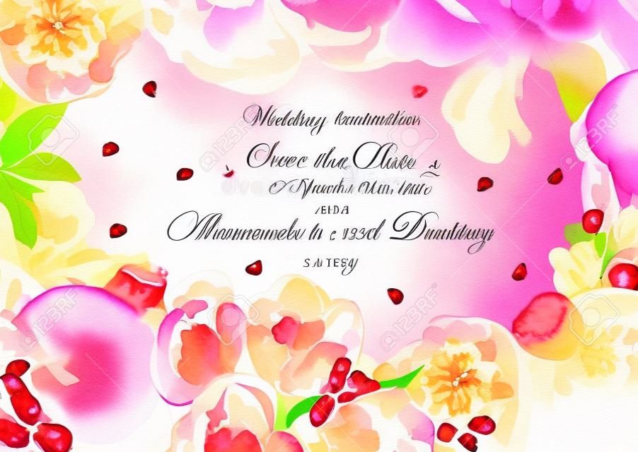 Akvarell esküvői kártya gránátalma és virágok, meghívást. Vektoros illusztráció
