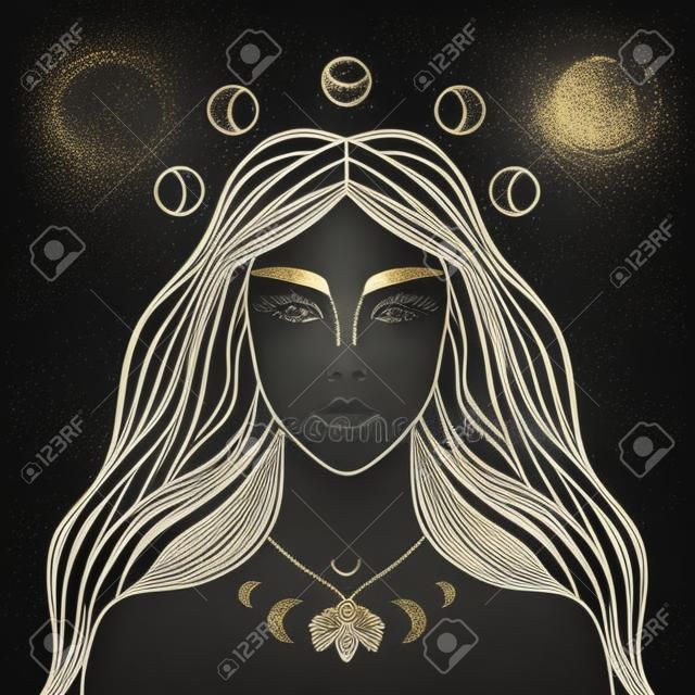 月の夜の女神。魔法の妖精、魔女、シャーマンの女性。美しい魔法のおとぎ話の女の子の手描きの肖像画。錬金術の精神性のデザインコンセプト、タトゥースタイル。黒の背景にゴールドのアートワーク。ベクトルイラスト。