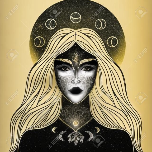 月の夜の女神。魔法の妖精、魔女、シャーマンの女性。美しい魔法のおとぎ話の女の子の手描きの肖像画。錬金術の精神性のデザインコンセプト、タトゥースタイル。黒の背景にゴールドのアートワーク。ベクトルイラスト。