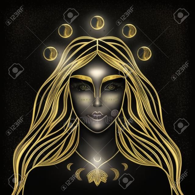 Deusa da noite da lua. Fada mágica, feiticeira, mulher xamã. Retrato desenhado à mão de uma linda garota de conto de fadas mágica. Conceito de design de espiritualidade de alquimia, estilo de tatuagem. Arte em ouro no fundo preto. Ilustração vetorial.