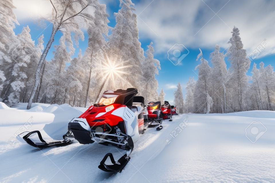 Grupo de snowmobiles vermelhos na paisagem ensolarada finlandesa da Lapônia