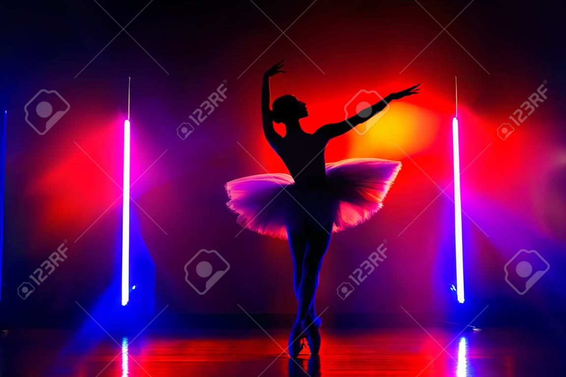 Silhouette of ballerina is practicing elements in studio with neon colorful light. Young woman dancing in classic tutu dress. Gracefulness and tenderness in every movement.