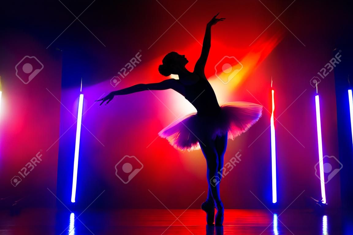 Silhouette of ballerina is practicing elements in studio with neon colorful light. Young woman dancing in classic tutu dress. Gracefulness and tenderness in every movement.