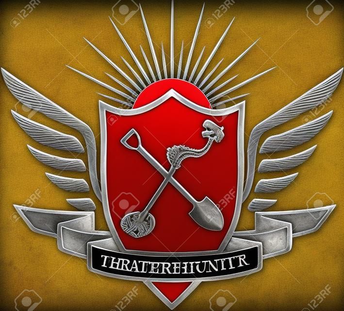 heraldic  treasure hunter shield, wings, shovel, metal detector
