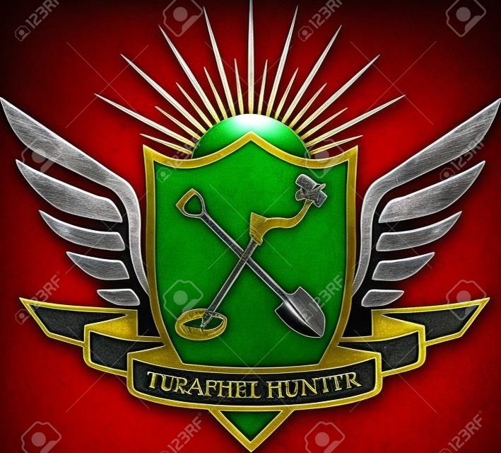 heraldic  treasure hunter shield, wings, shovel, metal detector