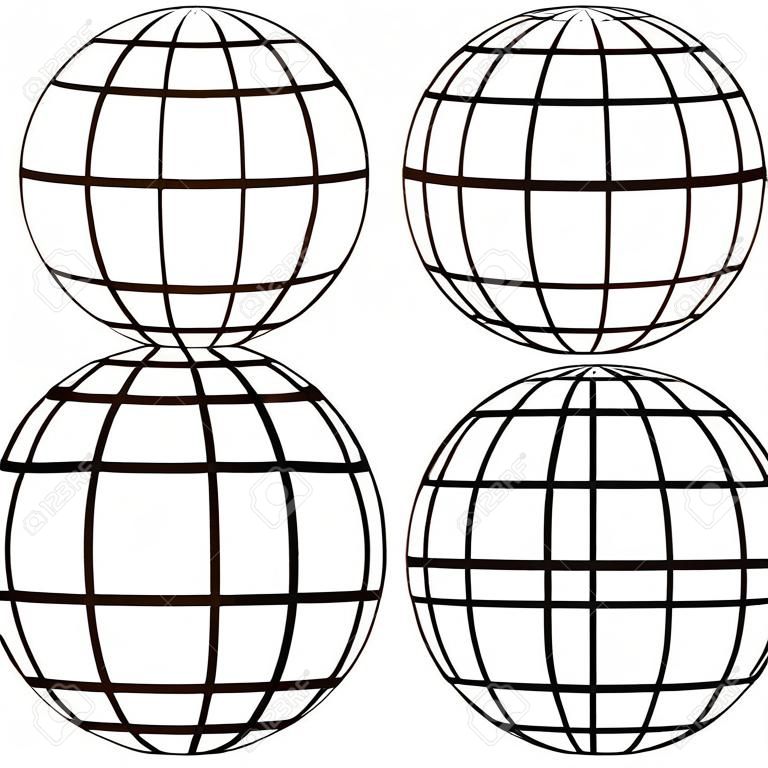 Stel 3D bolbol model van de aarde bol met een coördinatenrooster, vectorbol met meridiaan en parallel, lengte, kaart template