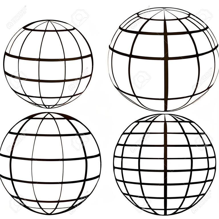 Définir le modèle de ballon 3D globe de la sphère terrestre avec une grille de coordonnées, un globe vectoriel avec un modèle de carte méridien et parallèle, de longitude