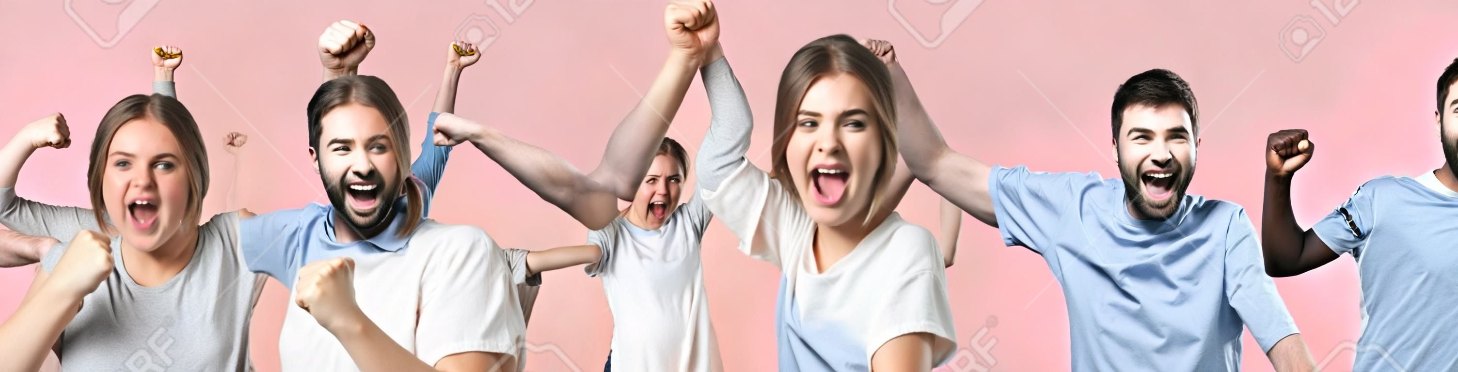 Collage of excited happy people screams with happiness, celebrate great triumph and victory, clench fists, can not believe in success, says. Wow, how great it is.