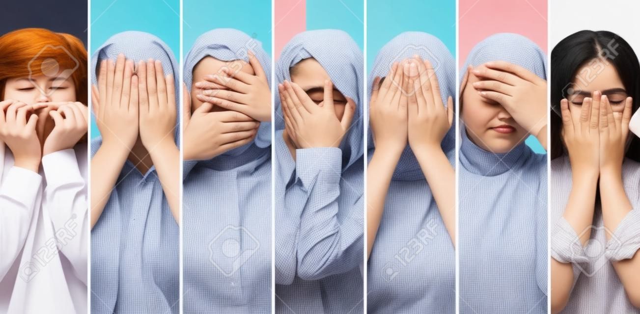 Collage of women and men covering face with hands over.
