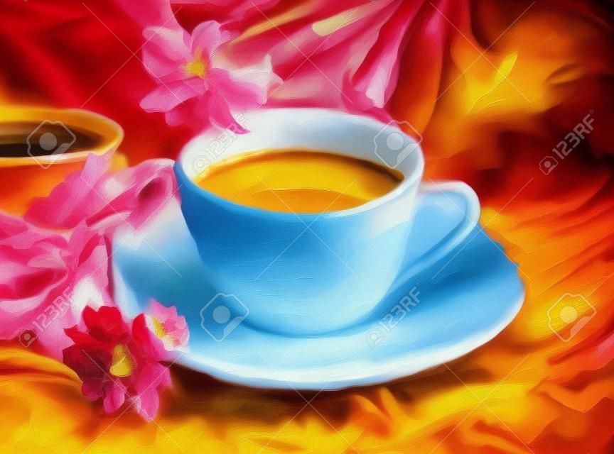 油畫紋理油畫靜物，一杯咖啡喝印象派藝術，畫的彩色圖像，背景和壁紙，在畫布上的花卉圖案