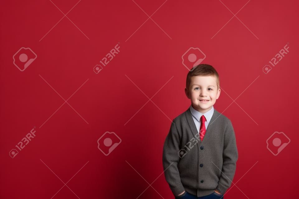 Little boy posing in the studio on a red background. A child in a gray jumper and tie