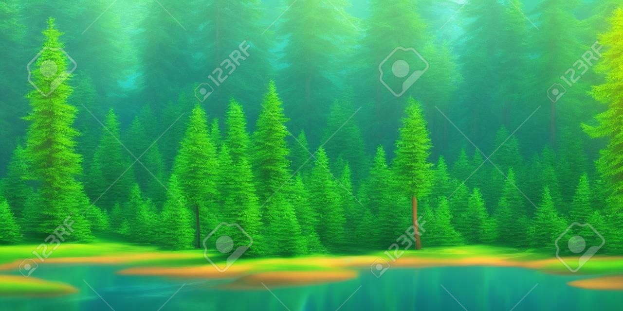 Letni krajobraz lasu iglastego w pobliżu wody