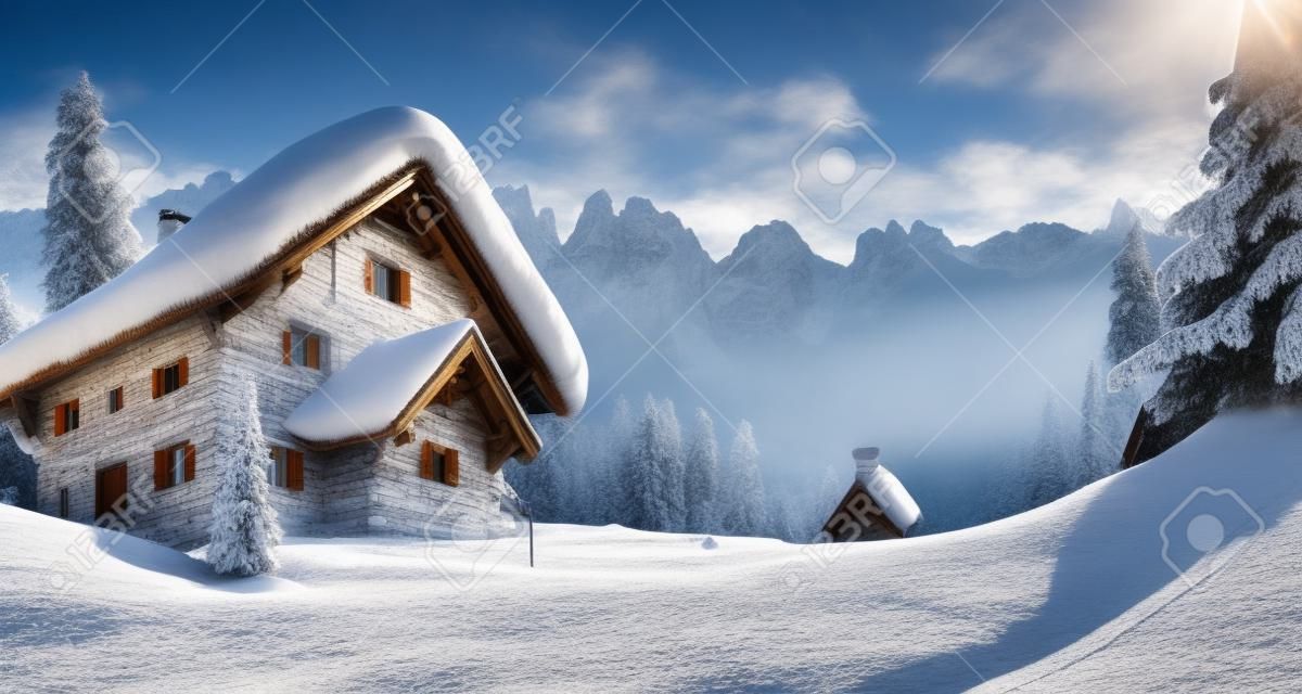 Snow-covered landscape with chalet houses, in the foothills of the Alps.