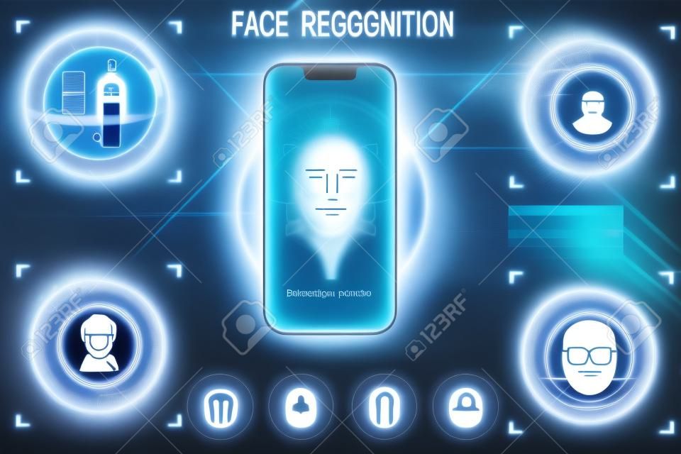 人的生物識別或識別系統。人臉ID。技術智能手機掃描。設置HUD元素