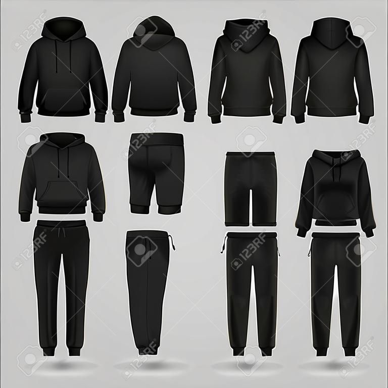 Mockup of the Black sportswear hoodie and trousers in four dimensions: front, side and back view, realistic gradient mesh vector. Clothes for sport and urban style
